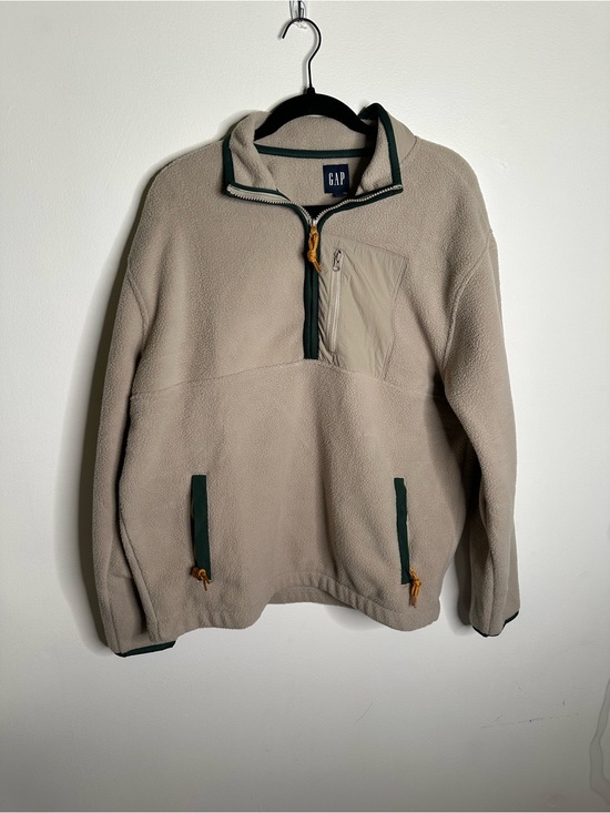 GAP Tops - GAP Beige Fleece Jacket with Dark Green Trim